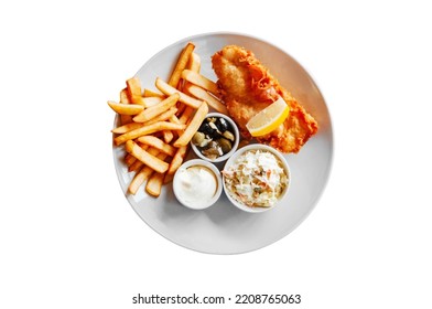 Fish And Chips On A Plate, White Background, Top Down View