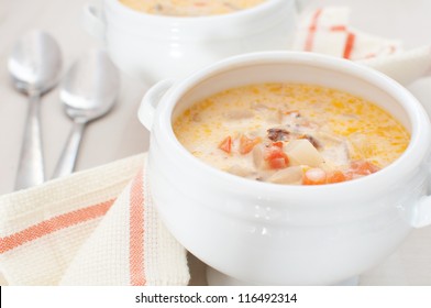 Fish Curry Chowder Soup Closeup Horizontal