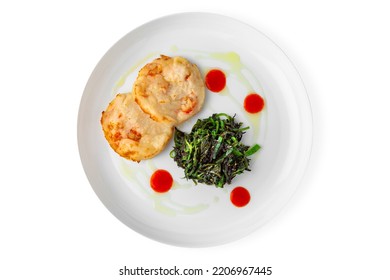 Fish Cutlets With Shrimps And Chukka. Balanced, Nutritious, Tasty And Nutritious Food. Ready-made Menu For A Restaurant Or For Delivery. Dish In A White Plate Isolated On A White Background.