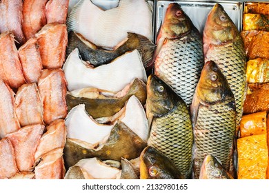 Fish Of Different Types On The Counter In The Store. Trade In Fresh Seafood Wholesale And Retail. Close-up