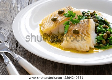 Similar – Image, Stock Photo fried cod fillet with berries.