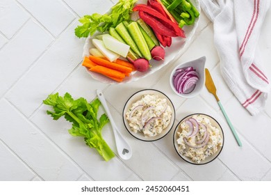 Fish and egg paste or salad with raw snack vegetables, healthy snack