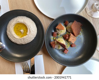 Fish Egg Paste Taramasalata or Tarama with Chicken Liver Pate or Paste and White Wine at Lunch Table Local Restaurant.