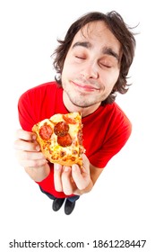 Fish Eye Photo Of Young Man With Dark Hair Eating A Slice Of Pepperoni Pizza