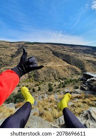 Fish Eye POV Photo Showing Hands In Front Of Some Beautiful Views Of A Mountain Made By A Mountain Bike Cyclist - Action Camera Style