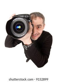 A Fish Eye Shot Of Photographer, Isolated On White