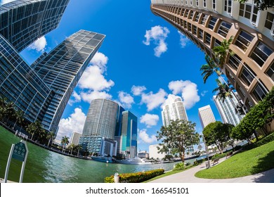 Fish Eye View Of The Brickell Area In Downtown Miami Along Biscayne Bay.