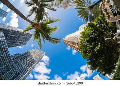 Fish Eye View Of The Brickell Area In Downtown Miami Along Biscayne Bay.