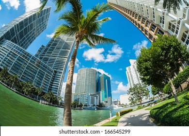 Fish Eye View Of The Brickell Area In Downtown Miami Along Biscayne Bay.