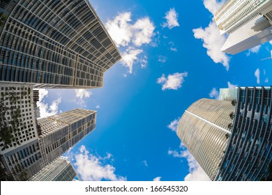 Fish Eye View Of The Brickell Area In Downtown Miami Along Biscayne Bay.