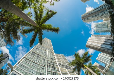 Fish Eye View Of The Brickell Area In Downtown Miami Along Biscayne Bay.