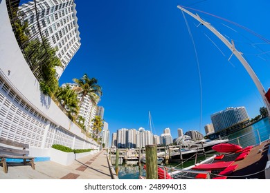 Fish Eye View Of The Brickell Area In Downtown Miami Along Biscayne Bay.