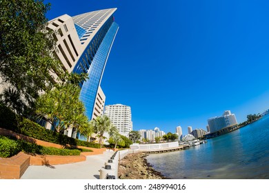 Fish Eye View Of The Brickell Area In Downtown Miami Along Biscayne Bay.