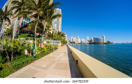 Fish Eye View Of The Brickell Area In Downtown Miami Along Biscayne Bay.