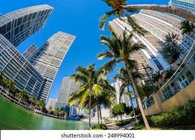 Fish Eye View Of The Brickell Key Area In Downtown Miami Along Biscayne Bay.