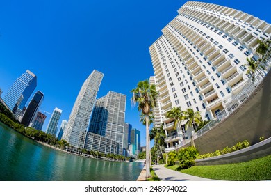 Fish Eye View Of The Brickell Key Area In Downtown Miami Along Biscayne Bay.