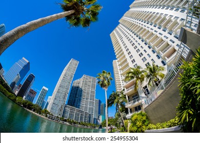 Fish Eye View Of The Brickell Key Area In Downtown Miami Along Biscayne Bay.