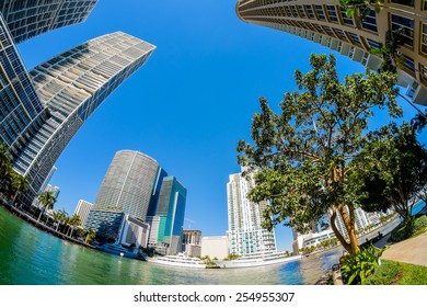 Fish Eye View Of The Brickell Key Area In Downtown Miami Along Biscayne Bay.