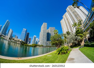 Fish Eye View Of The Brickell Key Area In Downtown Miami Along Biscayne Bay.