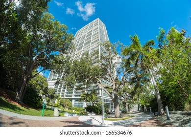 Fish Eye View Of Brickell Park In Downtown Miami Along Biscayne Bay.