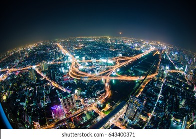 Fish Eye View Of City With Night Traffic Intersection Center, Transport City