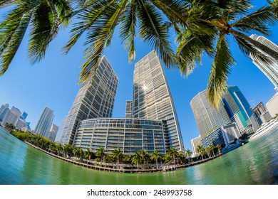 Fish Eye View Of  Downtown Miami Along Biscayne Bay.