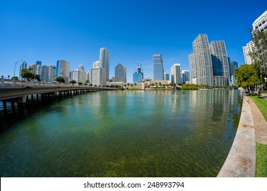 Fish Eye View Of  Downtown Miami Along Biscayne Bay.