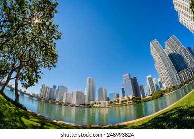 Fish Eye View Of  Downtown Miami Along Biscayne Bay.