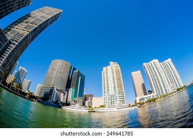 Fish Eye View Of  Downtown Miami Along Biscayne Bay.