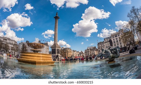 Fish Eye View Of Trafalgar Square, London With Fountains, Facing South