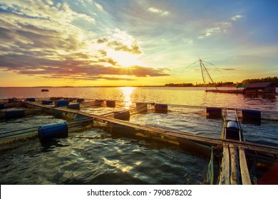 Fish Farms In Khong River With Clear Blue Sky