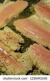 Fish Fillets On Frying Pan. Common Whitefish Vertical Close Up.