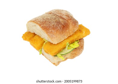 Fish Fingers And Salad In A Ciabatta Roll Isolated Against White