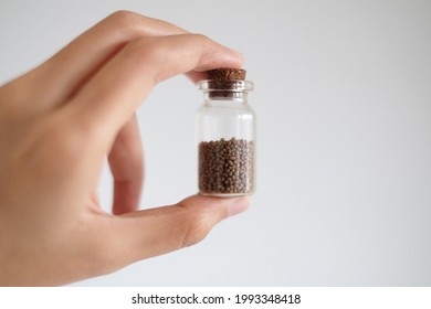 Fish Food Pellets In A Little Glass Bottle