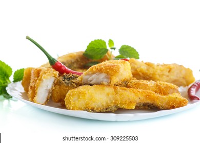 Fish fried in batter on a white background