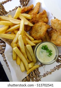 Fish Fried And French Fries With Cream Chip In Basket