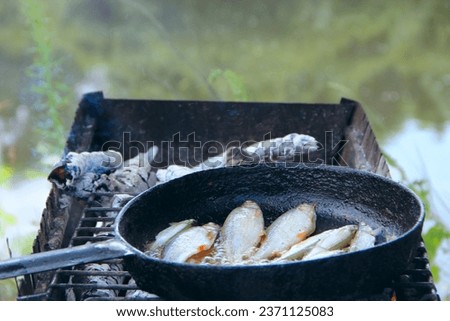 Fish is fried in frying pan by the river. Cooking fresh fish catch. Successful fishing. Delicious fish dish fried over the fire. Dish from fried fish cooked on fire. Pleasant rest by the river