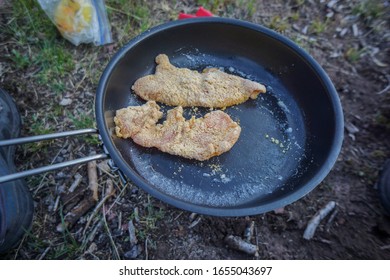 Fish Fry In Small Lightweight Portable Outdoors Skillet Pan - Cooking Fresh Trout While Hiking Backpacking In The Forest, Mountains, Woods, Wilderness On An Outdoor Adventure