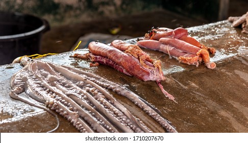 Fish Guts With May Flies On Stone Counter At The Street Fish Market.