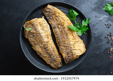 Fish Hake Fried Fresh Seafood Second Course Bbq Portion On The Table Healthy Meal Snack Top View Copy Space For Text Food Background Image Rustic Pescetarian Diet