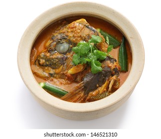 Fish Head Curry, Singaporean Cuisine, On White Background