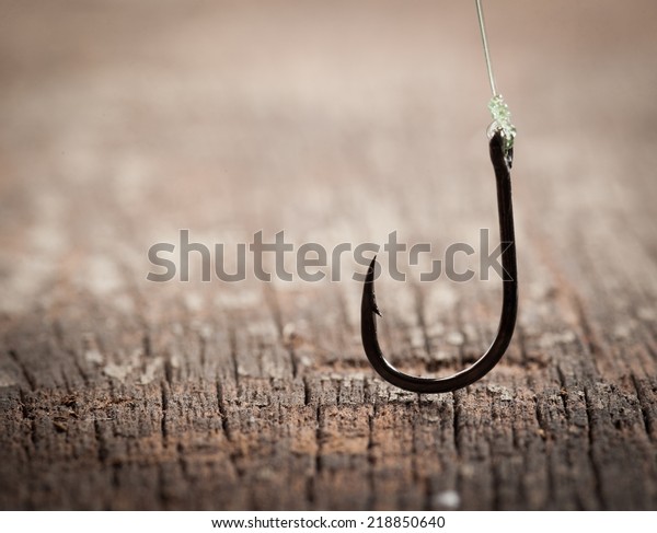 Fish Hook On Wood Background Stock Photo (Edit Now) 218850640