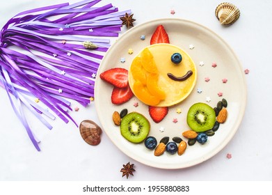 Fish Made Of Pancake With Strawberry And Fruit For Kids.  Funny Breakfast Idea For Children.