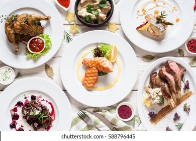 Fish And Meat Meals Variety Flat Lay. Top View On Buffet With Assortment Of Healthy Hearty Food. Buffet, Banquet, Appetizer, Restaurant Menu Concept