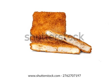 fish nagget in highresolution image and isolated in white with sharp blant edges
