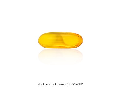 Fish Oil Capsule Isolated On White Background. Vitamin Supplement Cod Liver Gel Omega.