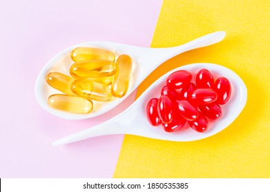 Fish Oil Capsules And Coenzyme Q10 Capsules. Pills And Medicine Concept.