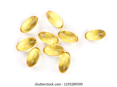 Fish Oil Capsules Isolated On White Background. Top View. Flat Lay Pattern