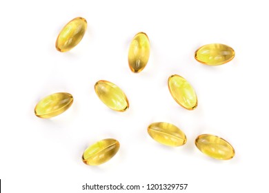 Fish Oil Capsules Isolated On White Background. Top View. Flat Lay Pattern