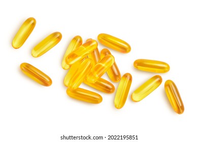 Fish Oil Capsules Isolated On White Background With Clipping Path And Full Depth Of Field. Top View. Flat Lay